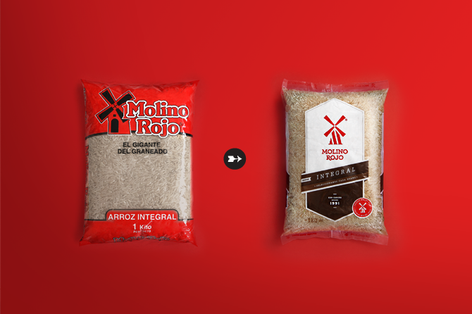 農業產品品牌策劃設計——秘魯Molino Rojo紅磨坊雜交水稻品牌形象再設計，包裝設計——塑料袋包裝設計前后效果對比——尚略廣告品牌策劃與廣告設計公司