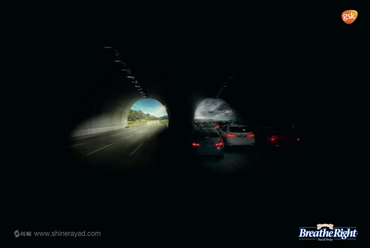 GSK葛蘭素史克Breathe Right 鼻舒樂通氣鼻貼、止鼾貼、鼻塞貼對比廣告平面廣告創意設計-汽車隧道篇