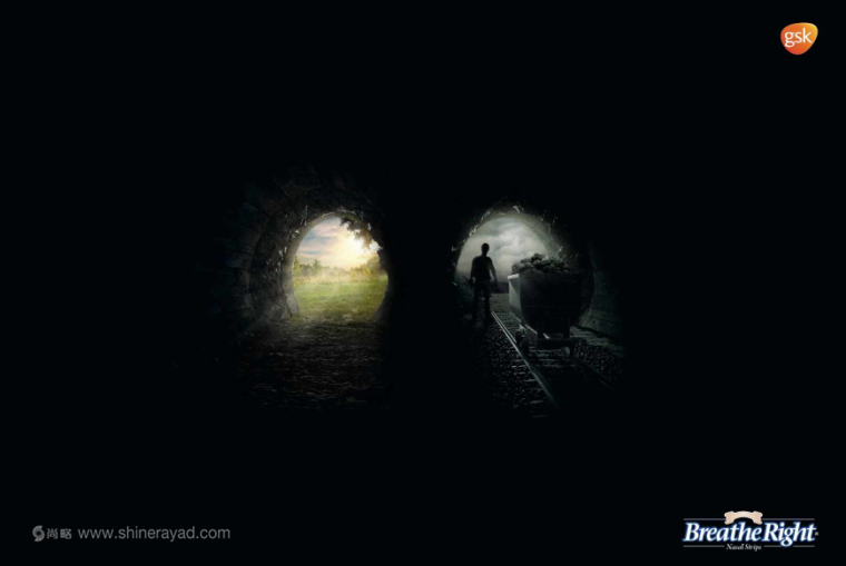 GSK葛蘭素史克Breathe Right 鼻舒樂通氣鼻貼、止鼾貼、鼻塞貼對比廣告平面廣告創意設計-鐵路隧道篇2