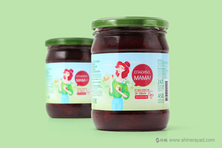 上海食品包裝設(shè)計公司分享手繪人物插圖風 мама 母親牌泡菜咸菜包裝設(shè)計-年輕媽媽版1