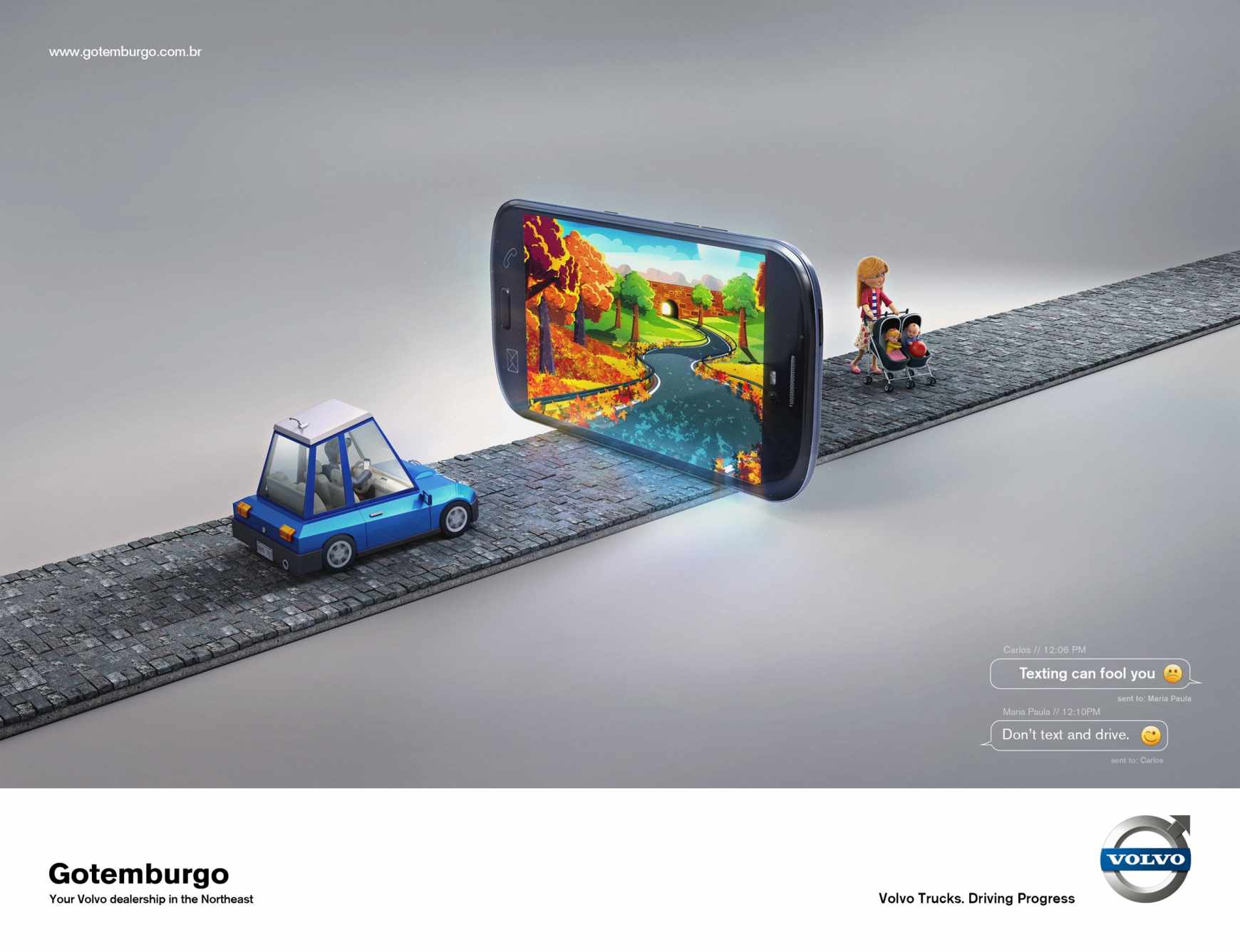 上海廣告設計公司尚略廣告分享：沃爾沃汽車駕車不要看手機平面廣告創意設計1