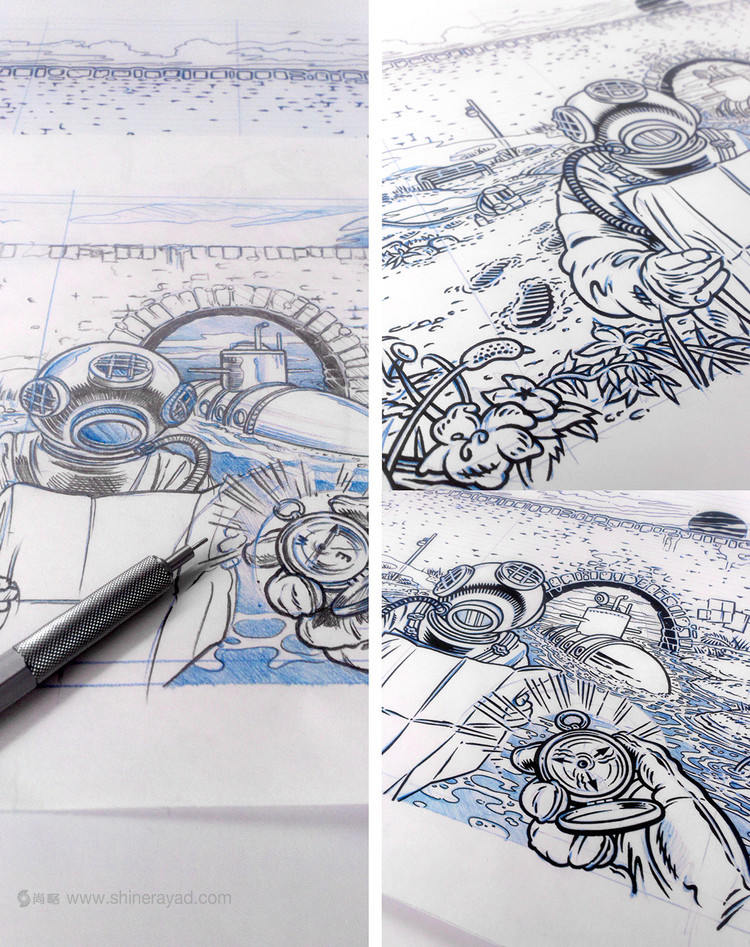 Bron 兄弟啤酒易拉潛水罐插畫包裝插畫設(shè)計-鉛筆素描原始草圖5