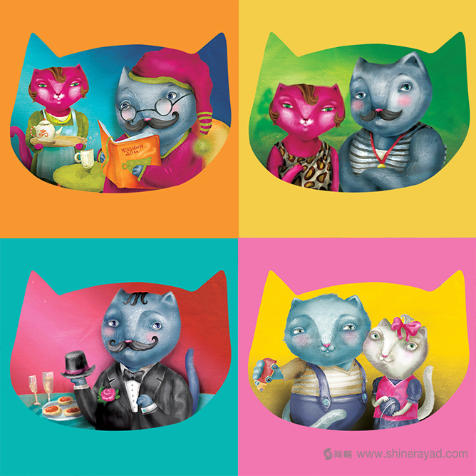 俄羅斯2Цап-Царап卡通夫妻貓貓糧寵物食品包裝插畫4