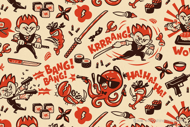 Mama Mafia 漢堡與日式料理外賣快餐餐廳品牌VI視覺形象設(shè)計(jì)-輔助圖形設(shè)計(jì)插畫設(shè)計(jì)2