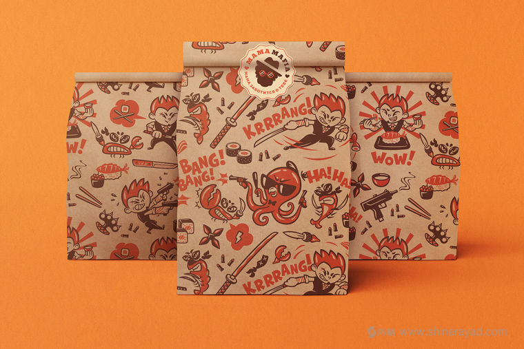 Mama Mafia 漢堡與日式料理外賣快餐餐廳品牌VI視覺形象設(shè)計(jì)之快餐外賣袋子設(shè)計(jì)