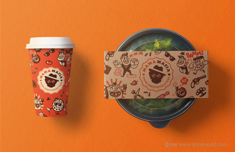 Mama Mafia 漢堡與日式料理外賣快餐餐廳品牌VI視覺形象設(shè)計(jì)之漢堡包裝設(shè)計(jì)飲料杯子設(shè)計(jì)