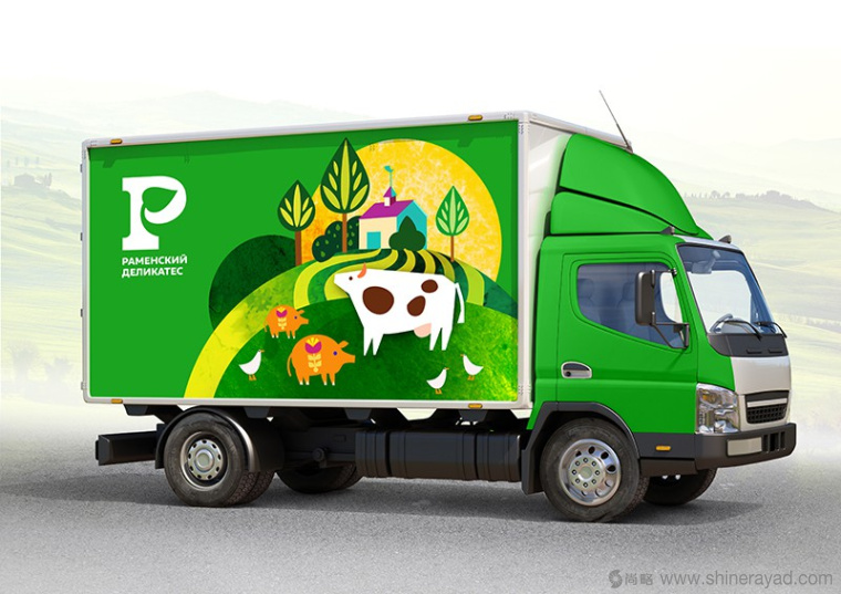 Раменский 俄羅斯火腿腸熟食車體品牌形象設計-農田牛羊插圖設計6