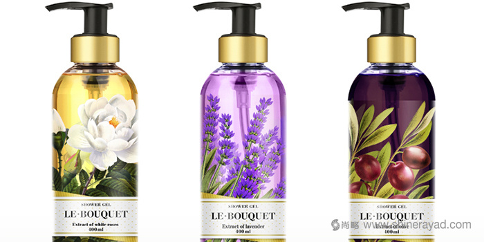 上海化妝品包裝設計公司欣賞：全彩印花朵插畫 Le Bouquet 品牌沐浴露包裝設計