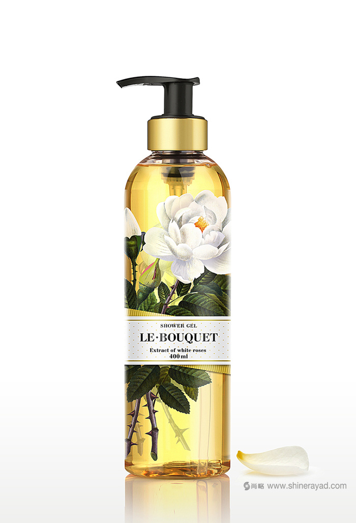 上海化妝品包裝設計公司欣賞：全彩印花朵插畫 Le Bouquet 品牌沐浴露包裝設計