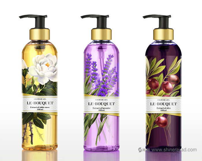 上海化妝品包裝設(shè)計(jì)公司欣賞：全彩印花朵插畫 Le Bouquet 品牌沐浴露包裝設(shè)計(jì)