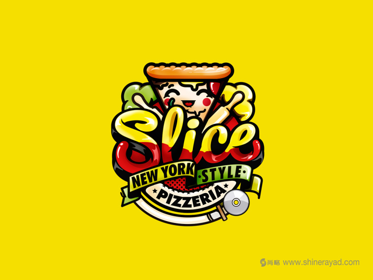 一個充滿食欲的卡通擬人手法的slice pizzeria 披薩logo設計品牌形象設計-上海logo設計公司1