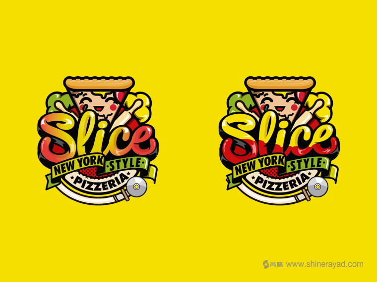 一個充滿食欲的卡通擬人手法的slice pizzeria 披薩logo設計品牌形象設計-上海logo設計公司2