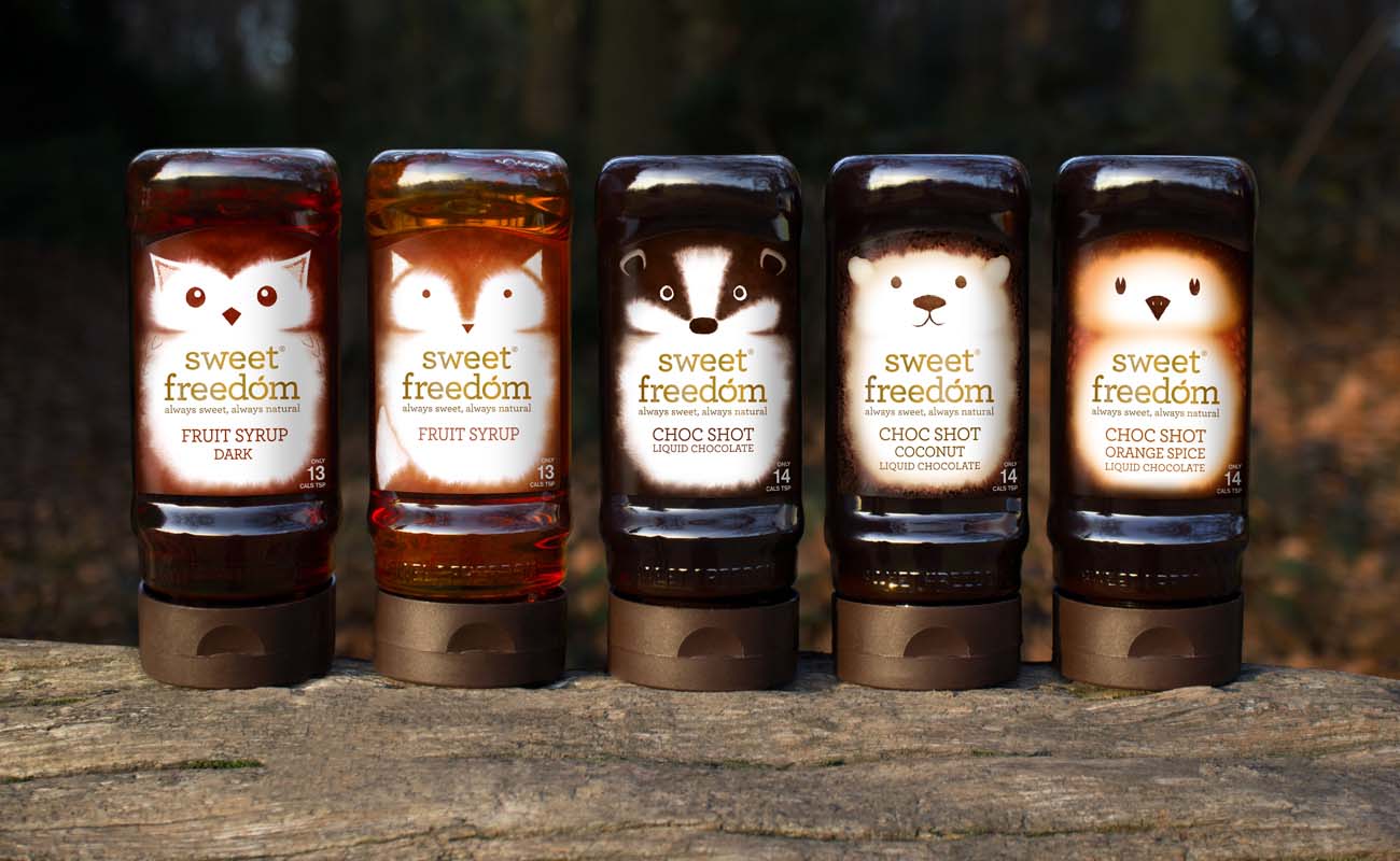 甜蜜的自由天然水果糖漿包裝設計，利用動物表現產品適合糖尿病患者的特性