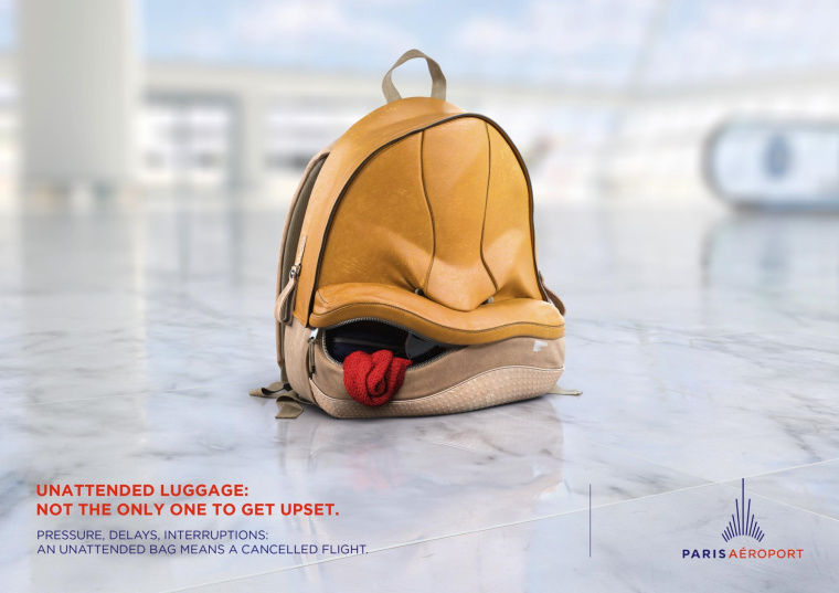 法國巴黎機場設計的平面創意廣告“憤怒的包”，提醒人們注意看管物品