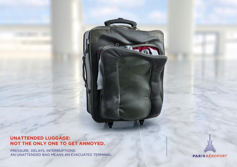 法國巴黎機場設計的平面創意廣告“憤怒的包”，提醒人們注意看管物品