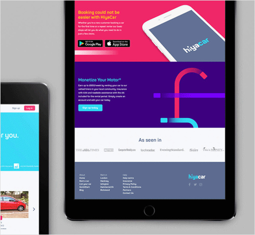 Hiyacar汽車共享平臺品牌形象設計-網站設計與手機APP界面設計，完美的動態多彩漸變風格