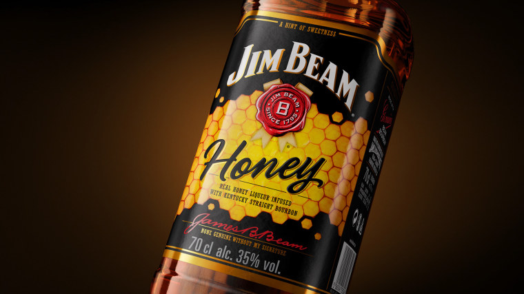 金黃色六邊形圖案 Jim Beam 蜂蜜包裝設計，極具食欲感