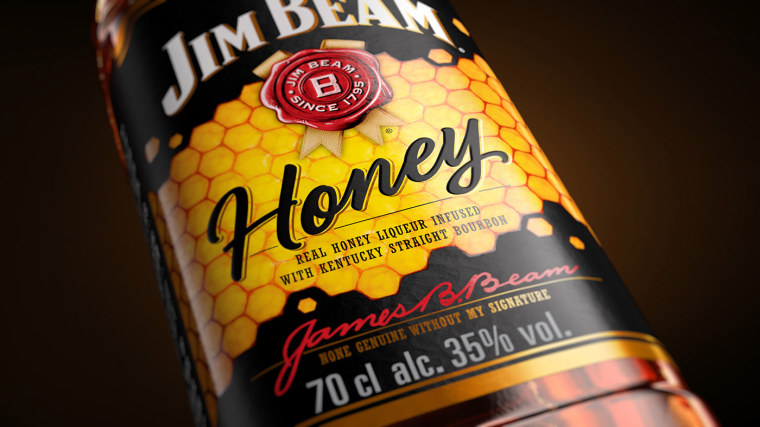 金黃色六邊形圖案 Jim Beam 蜂蜜包裝設計，極具食欲感