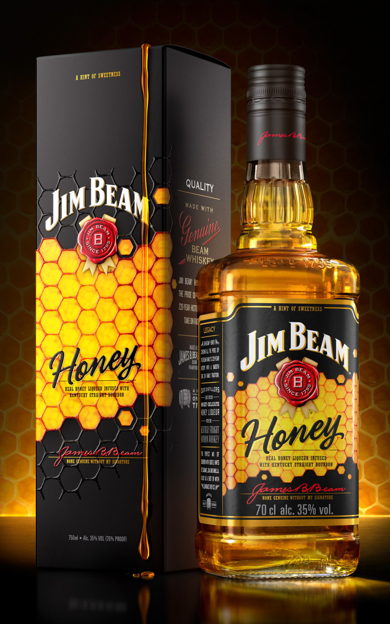 金黃色六邊形圖案 Jim Beam 蜂蜜包裝設計，極具食欲感