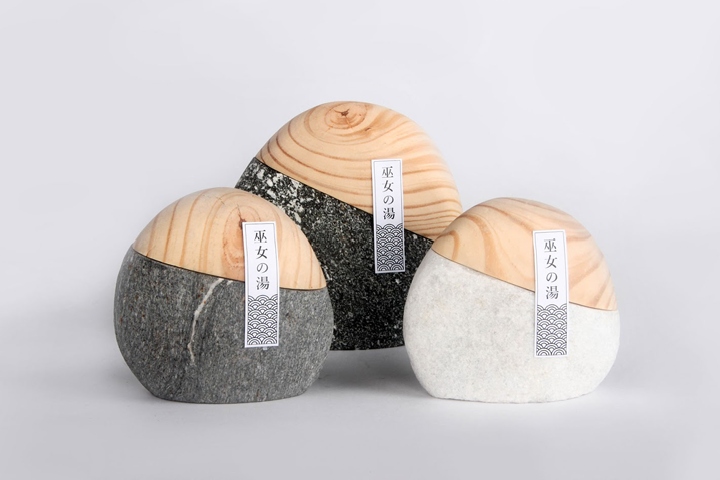 日式溫泉浴粉創意包裝設計造型設計——石材與木材的結合