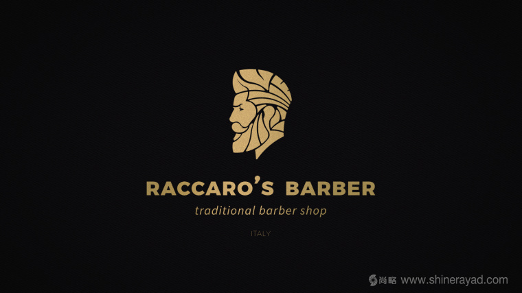 Raccaros-Barber 傳統(tǒng)美發(fā)連鎖店理發(fā)師人物金色燙金logo設(shè)計-上海logo設(shè)計公司