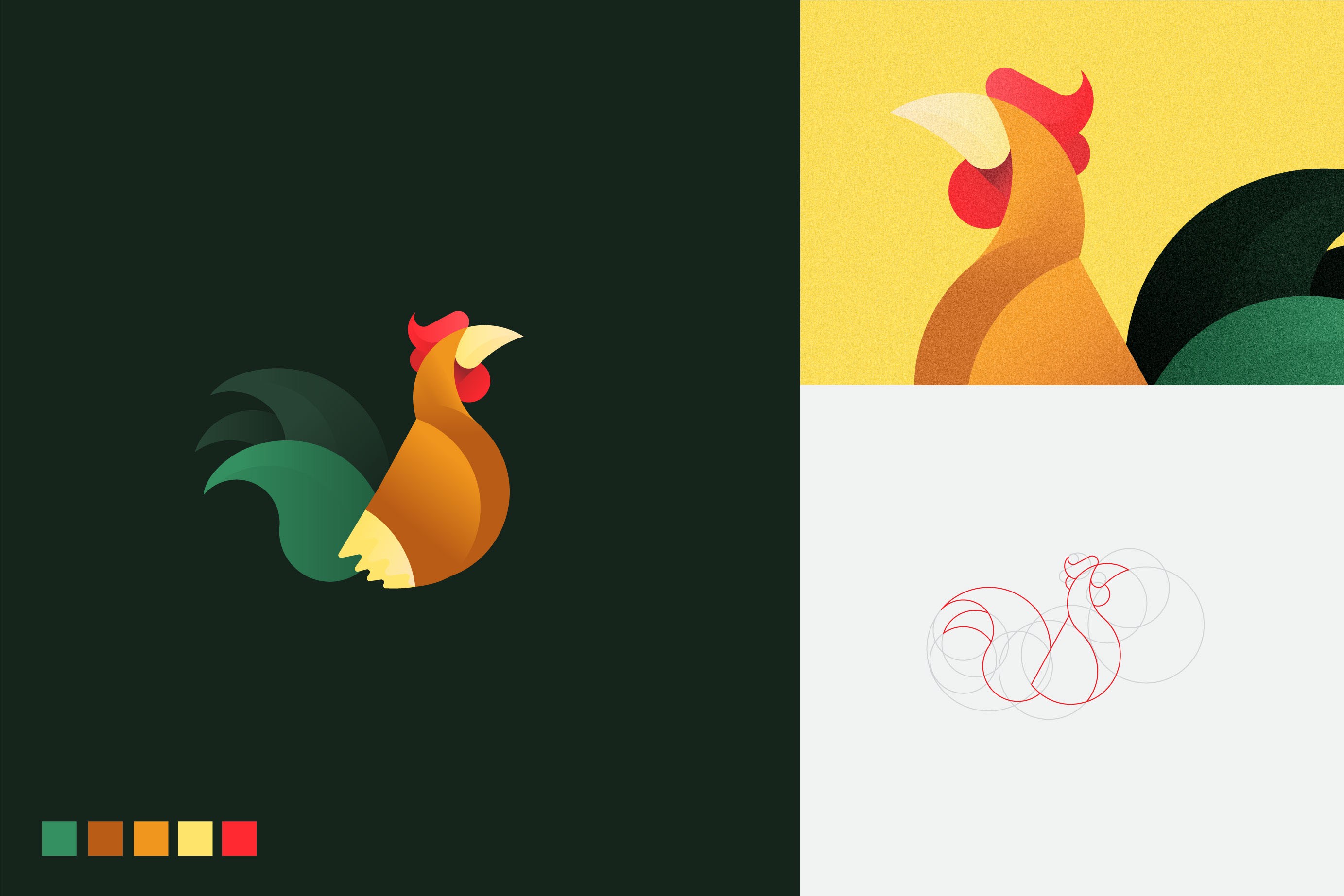 彩色公雞logo-黃金分割比例設計的幾何圖形動物logo設計圖片欣賞-上海logo設計公司