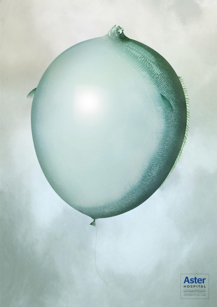 艾斯特醫(yī)院治療胃脹胃病平面廣告創(chuàng)意設(shè)計(jì)-膨脹的魚(yú)-上海醫(yī)療平面廣告策劃設(shè)計(jì)公司