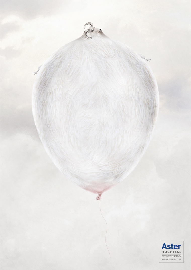 艾斯特醫(yī)院治療胃脹胃病平面廣告創(chuàng)意設(shè)計(jì)-膨脹的山羊-上海醫(yī)療平面廣告策劃設(shè)計(jì)公司