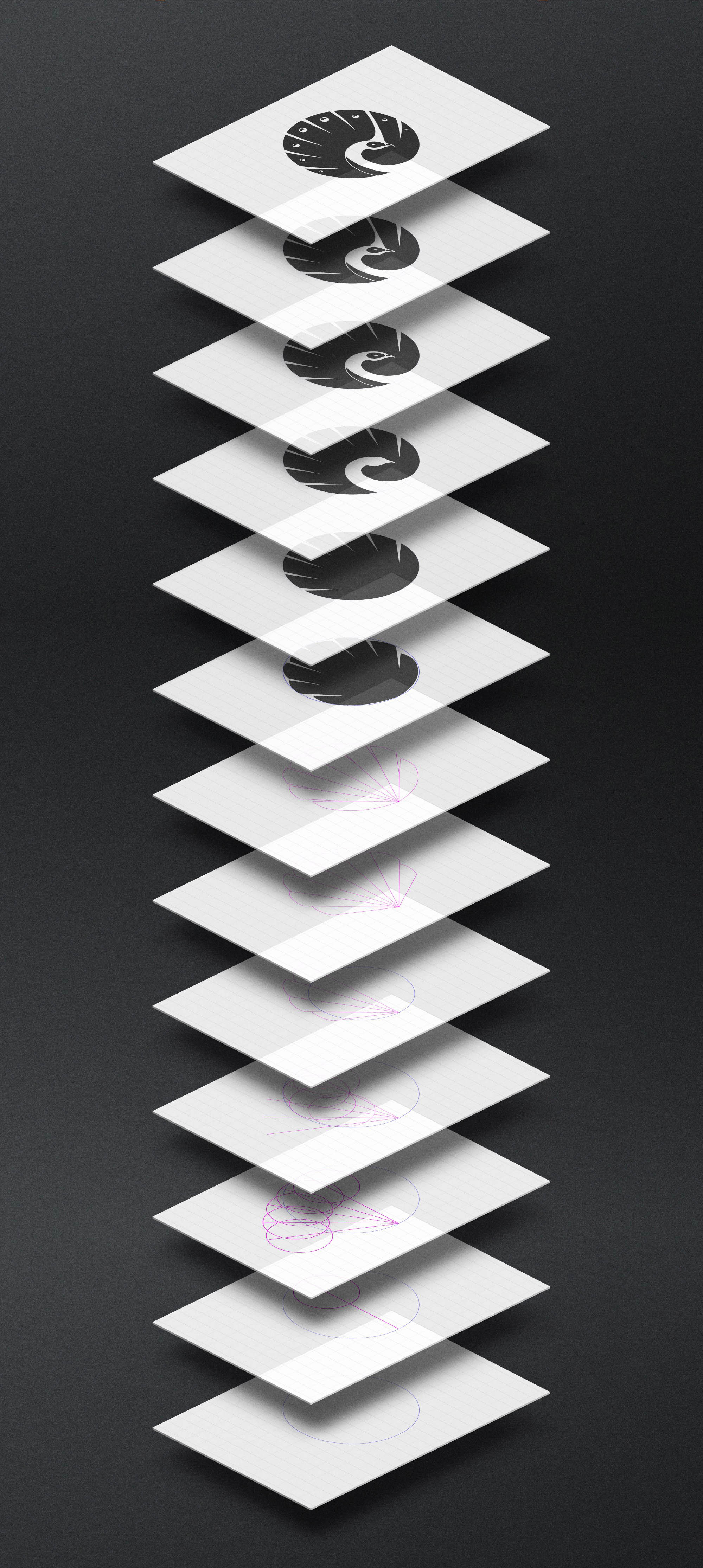 意大利孔雀咖啡烘焙品牌極簡(jiǎn)主義平面幾何孔雀LOGO設(shè)計(jì)過(guò)程-上海品牌logo設(shè)計(jì)公司