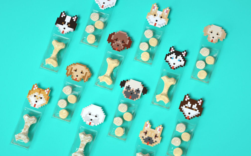 Nonda寵物店商品品牌包裝設計，馬賽克寵物插畫風格