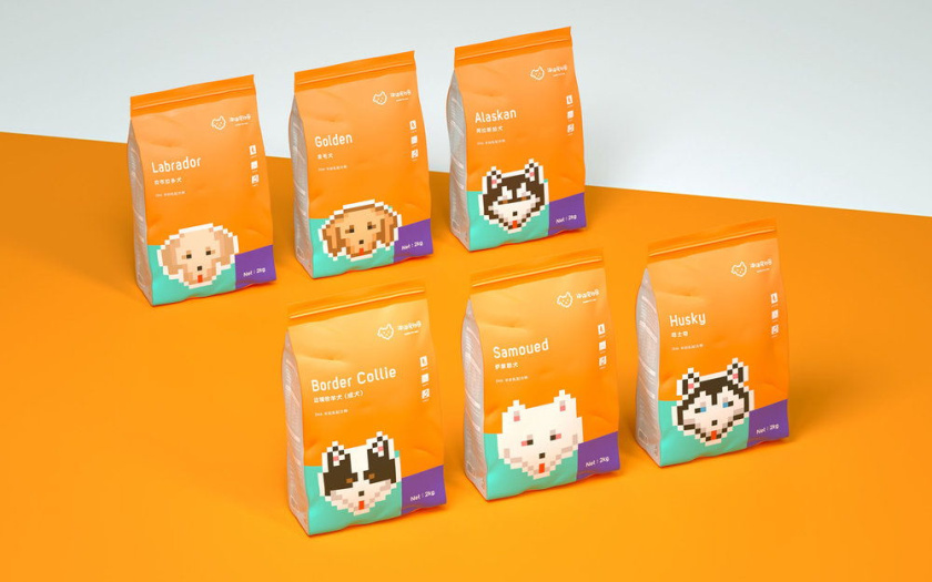 Nonda寵物店商品品牌包裝設計，馬賽克寵物插畫風格