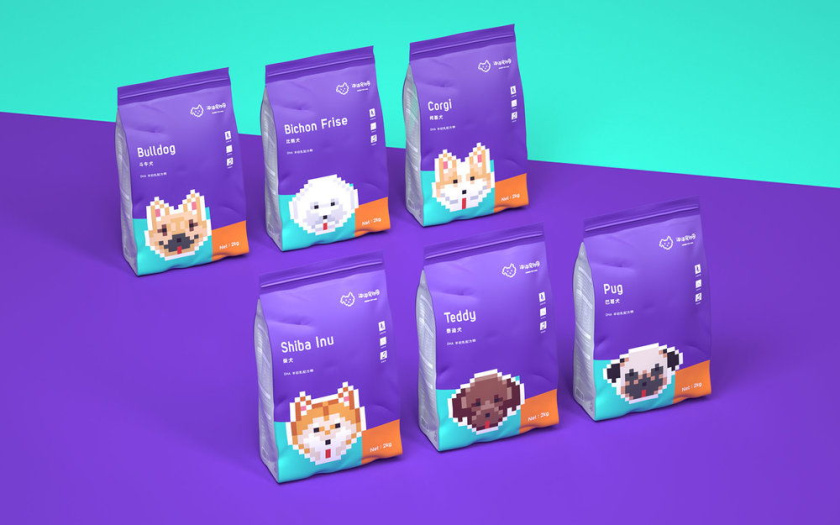 Nonda寵物店商品品牌包裝設計，馬賽克寵物插畫風格
