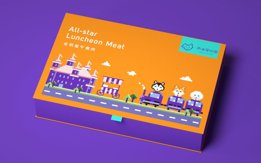 Nonda寵物店商品品牌包裝設計，馬賽克寵物插畫風格