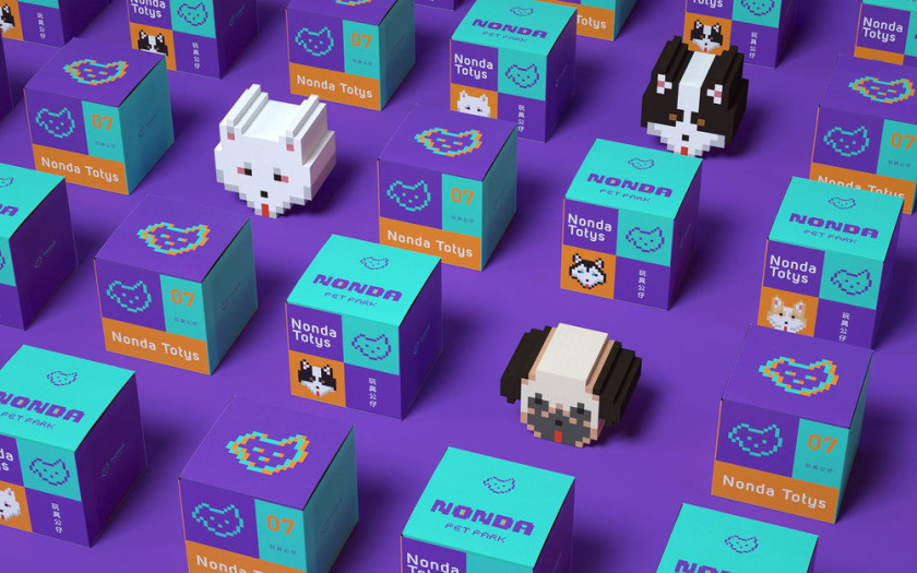Nonda寵物店商品品牌包裝設計，馬賽克寵物插畫風格
