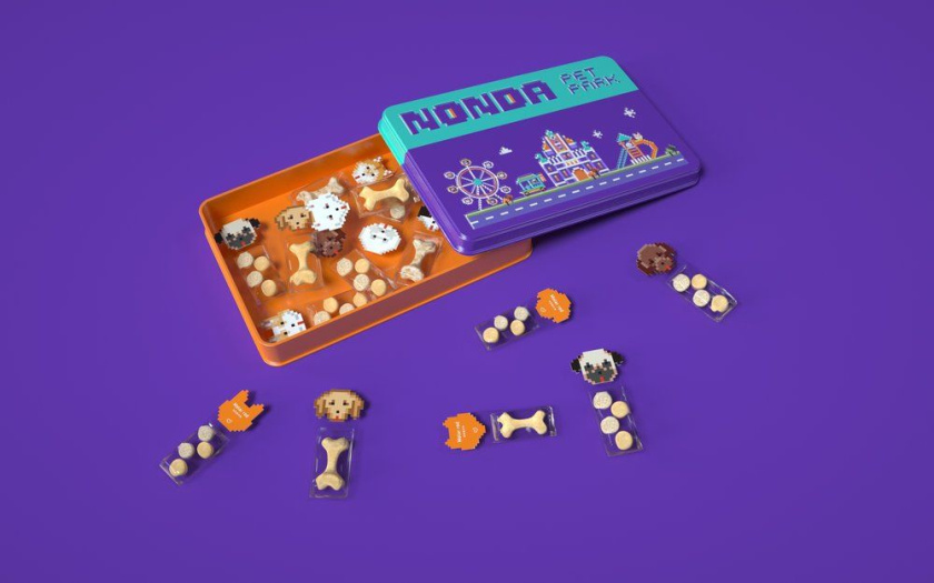 Nonda寵物店商品品牌包裝設計，馬賽克寵物插畫風格