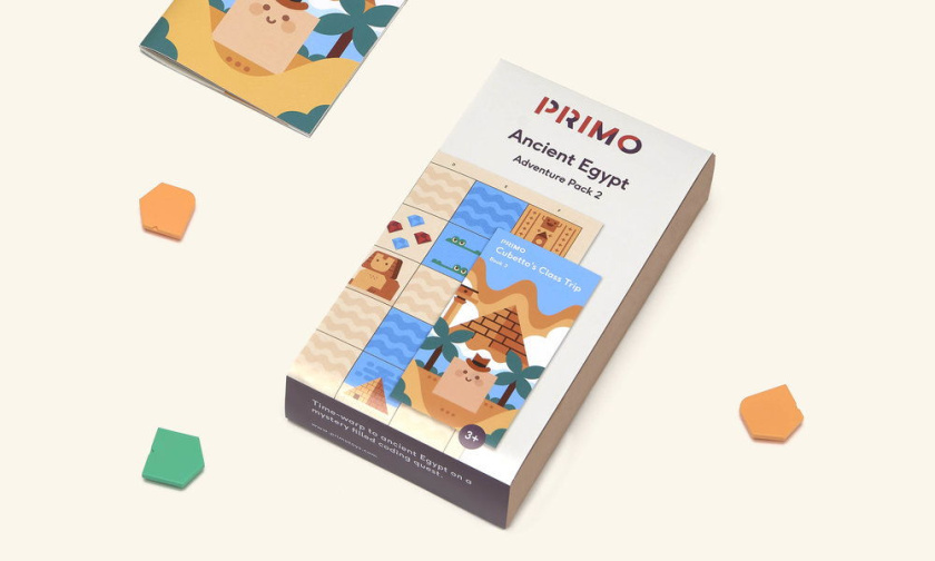 PRIMO玩具品牌積木包裝設計，展現了積木圖案與天然木材品質