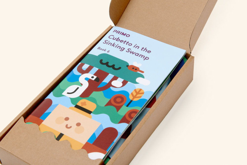 PRIMO玩具品牌積木包裝設計，展現了積木圖案與天然木材品質