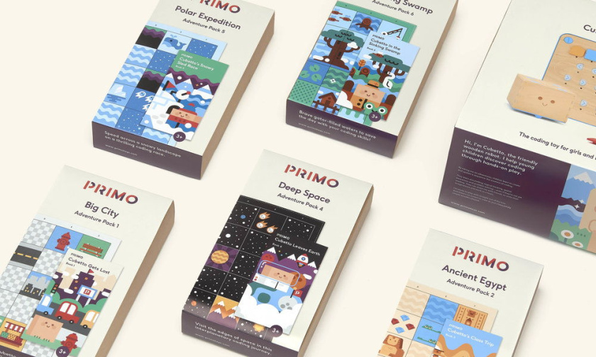 PRIMO玩具品牌積木包裝設計，展現了積木圖案與天然木材品質
