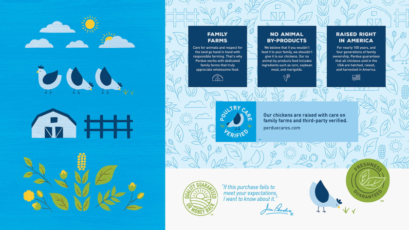 Perdue冷鮮雞肉品牌產(chǎn)品包裝設(shè)計(jì)插畫(huà)，展現(xiàn)了標(biāo)志性的農(nóng)場(chǎng)情景