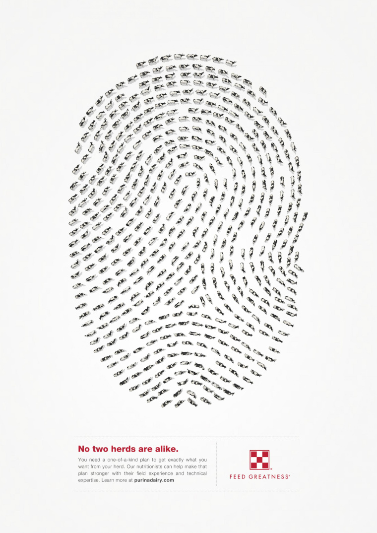 Purina 動物飼料平面創意廣告設計“指紋-奶牛”