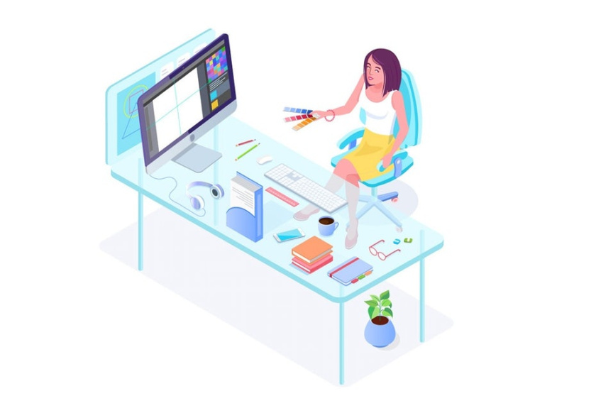 等距設計-坐在有計算機的書桌的人