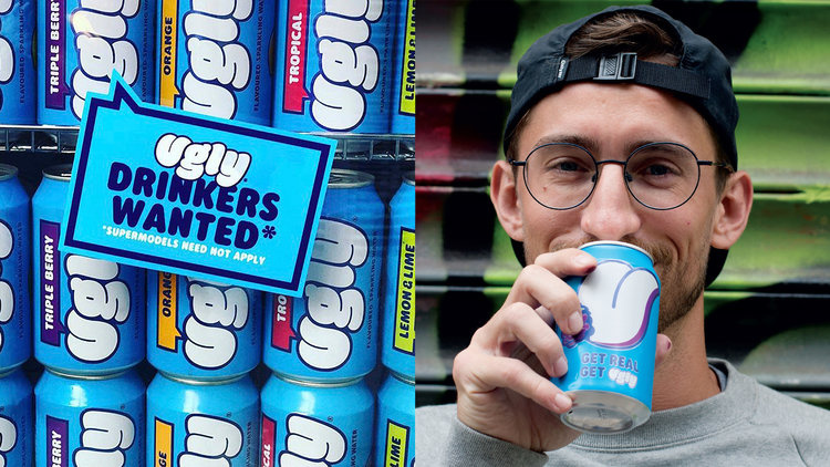 動漫插畫風格Ugly蘇打水飲料包裝設計，不僅僅是飲料，而是一種生活方式