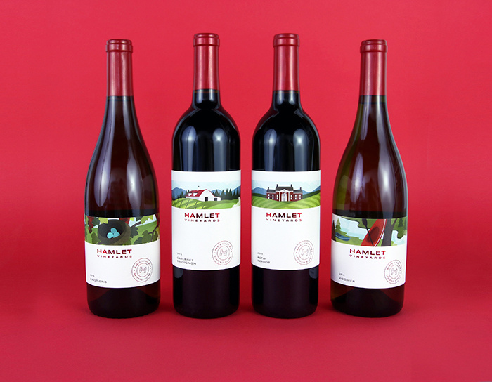 哈姆雷特葡萄酒品牌包裝設計，葡萄園自定義風景插畫與手工刻字的結合