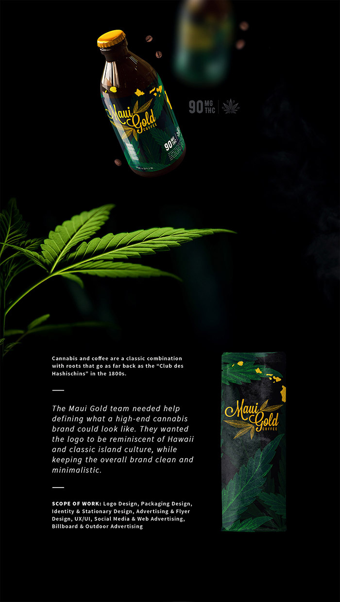 黃金大麻咖啡袋裝及咖啡飲料包裝設(shè)計(jì)，感受夏威夷島嶼文化