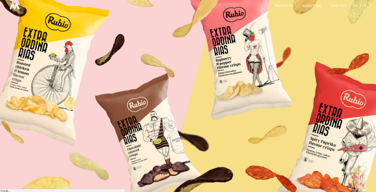 Rubio 薯片包裝設計，創意鉛筆素描人物風格系列