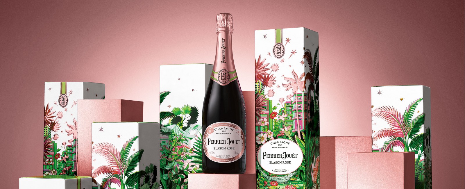情人節禮盒 PERRIER-JOU?T玫瑰香檳包裝設計，熱帶雨林植物插畫設計