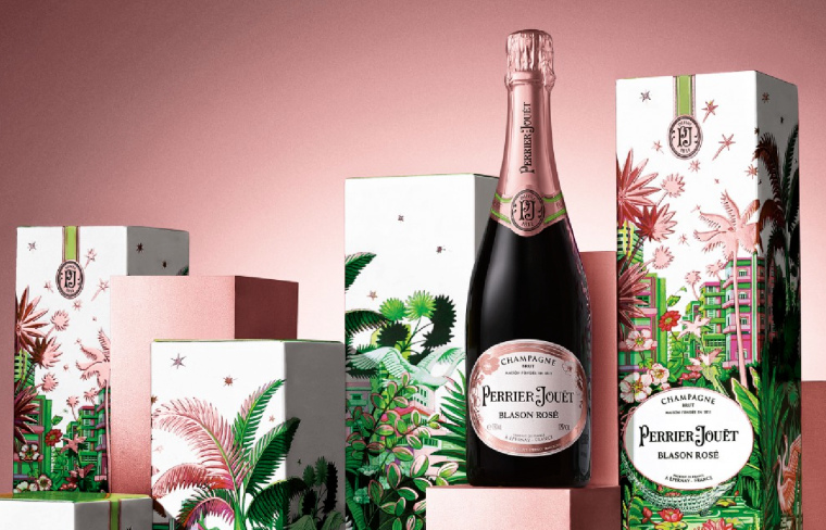 情人節禮盒 PERRIER-JOU?T玫瑰香檳包裝設計，熱帶雨林植物插畫設計