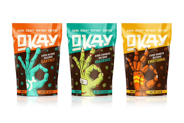 OKAY咖啡神秘生物的手插圖包裝設計，一切都會好起來的