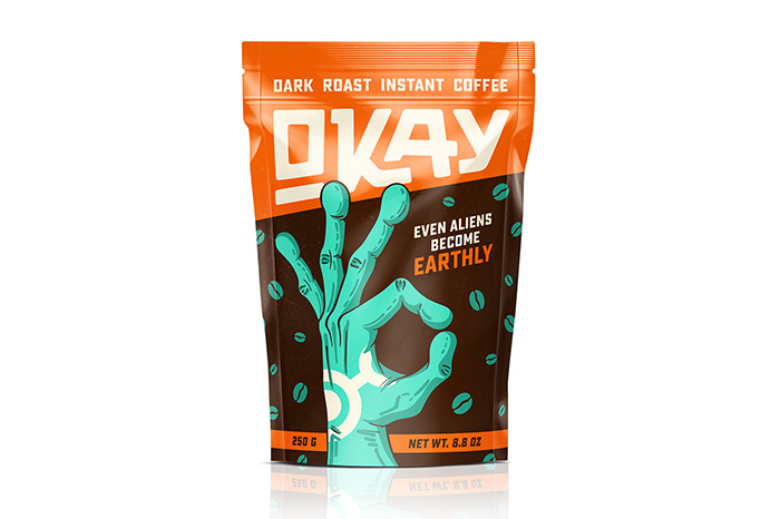 OKAY咖啡神秘生物的手插圖包裝設計，一切都會好起來的