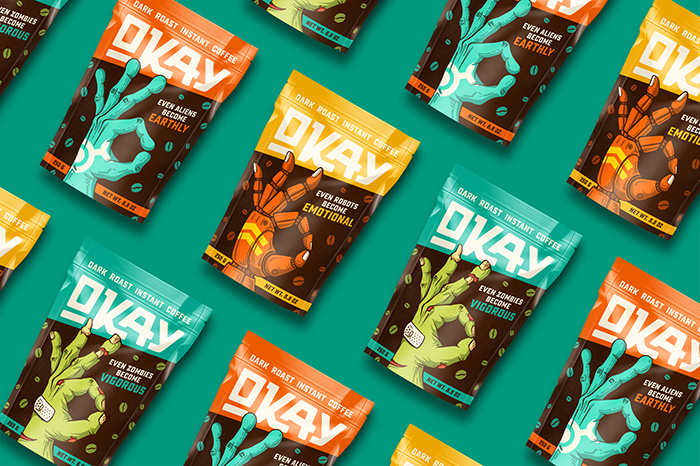 OKAY咖啡神秘生物的手插圖包裝設計，一切都會好起來的